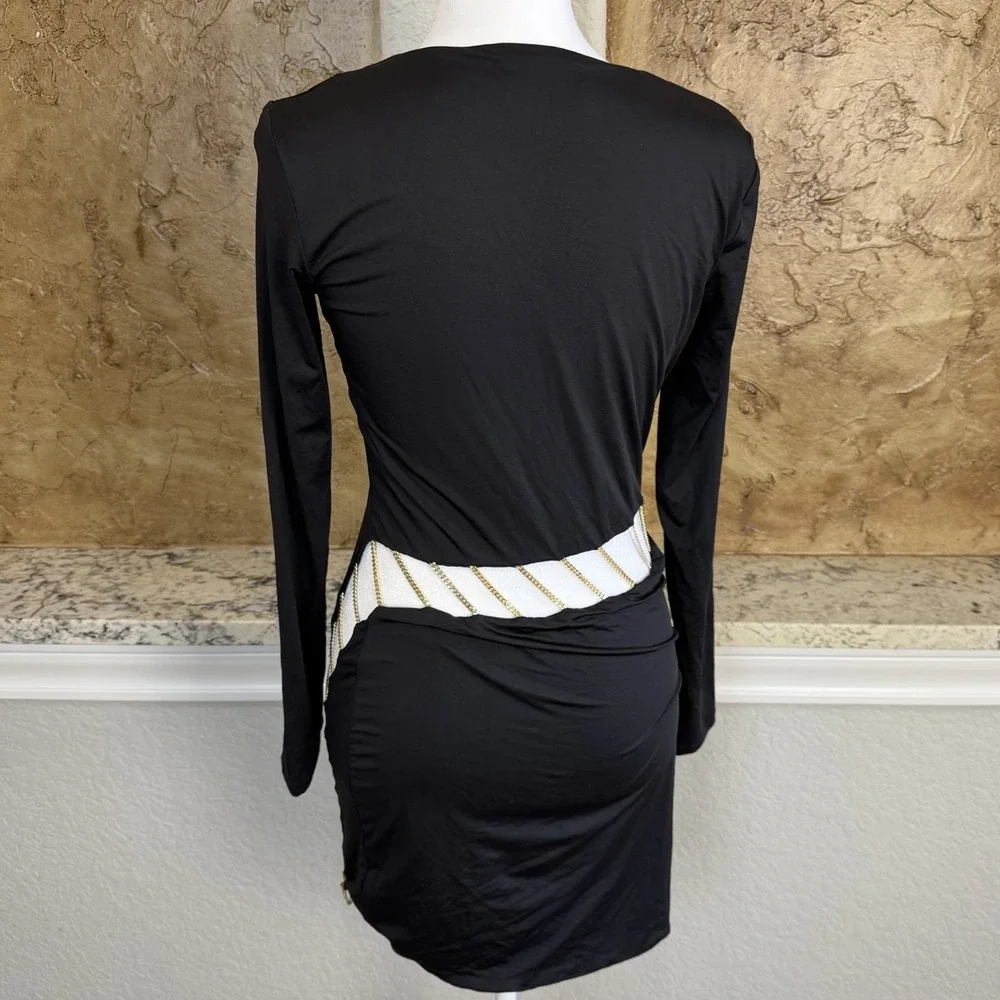 Meshki Chain Dress Women's Medium Black Gold Mini Bodycon Sexy Designer Stretch - Picture 3 of 12
